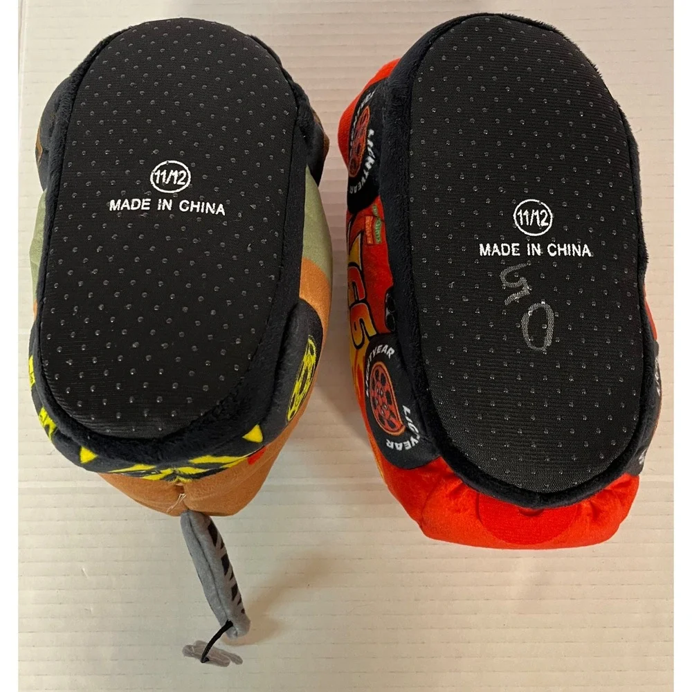Disney Pixar Cars Slippers Kids Size 11/12 Red Brown McQueen Mater Plush Shoes